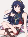  1girl alternate_costume armband bangs bare_shoulders blue_eyes blue_hair body_markings breasts dark_blue_hair family_crest feet_out_of_frame fire_emblem fire_emblem_awakening fire_emblem_cipher floral_print gladiator_sandals highres knees_up legs long_hair looking_at_viewer lucina_(fire_emblem) midriff navel o-ring o-ring_bottom official_alternate_costume peach11_01 sandals sitting small_breasts smile solo surfboard swimsuit tiara watermark 