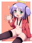  1girl bar_censor black_ribbon black_thighhighs blush bokusatsu_tenshi_dokuro-chan bottomless breasts censored green_eyes halo heart jacket looking_at_viewer mitsukai_dokuro no_bra no_panties open_clothes open_jacket open_mouth purple_hair red_background red_jacket ribbon short_hair simple_background sitting small_breasts solo thighhighs yuuutsu_shan 