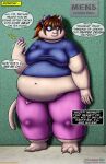  2022 absurd_res accessory anthro belly big_belly bottomwear bow_ribbon breasts brown_hair cellphone clothing deep_navel domestic_cat english_text felid feline felis female fur hair hair_accessory hair_bow hair_ribbon hi_res if_hell_had_a_taste mammal marci_hetson navel obese obese_anthro obese_female overweight overweight_anthro overweight_female pants phone profanity ribbons shirt solo sound_effects teal_eyes text topwear viroveteruscy weight_gain weight_gain_drive 