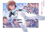  1girl 6+boys ayanami_rei ayanami_rei_(cosplay) blue_eyes blue_sky bodysuit breasts brown_hair cameltoe cloud commentary_request cosplay feet_out_of_frame female_child from_below haibara_ai hands_on_hips highres interface_headset looking_at_viewer looking_down meitantei_conan mogudan multiple_boys neon_genesis_evangelion photographer plugsuit short_hair sky small_breasts standing tokyo_big_sight white_bodysuit 