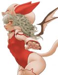  1girl animal_ears animal_hands bat_wings blush breasts cat_ears cat_girl cat_tail choker covered_navel green_hair hat hawthorn highres leotard long_hair looking_at_viewer open_mouth red_choker red_eyes red_leotard remilia_scarlet shiny shiny_hair simple_background small_breasts solo tail touhou white_background wings 