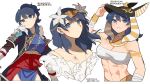  3girls alternate_costume alternate_hairstyle armor bandages bandeau bangs bare_shoulders blue_eyes blue_hair blue_kimono breasts byleth_(fire_emblem) byleth_(fire_emblem)_(female) chest_sarashi chocojax cleavage commentary_request egyptian_clothes fire_emblem flower grin hair_between_eyes hair_flower hair_ornament head_tilt highres japanese_clothes kimono large_breasts long_hair looking_at_viewer midriff multiple_girls multiple_persona navel ponytail red_sash sarashi sash shoulder_armor simple_background smile stomach strapless tube_top upper_body usekh_collar white_background white_flower wrist_wrap 