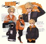  1boy alternate_costume alternate_universe animal_ears artist_name bakugou_katsuki black_headwear black_hoodie black_jacket black_mask black_pants blonde_hair boku_no_hero_academia cat_ears character_name closed_mouth commentary covered_mouth crossed_arms drawstring english_commentary english_text hands_in_pockets hat heart highres holding holding_microphone holding_phone hood hood_up hoodie idol jacket jewelry layered_sleeves long_sleeves looking_at_viewer male_focus mask microphone mouth_mask multiple_views orange_footwear orange_hoodie orange_shirt pants phone print_hoodie red_eyes ring rokitokkii shirt shoes short_hair signing simple_background smile spiked_hair standing white_background 