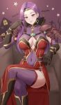  1girl adjusting_hair amayo_thranana bat_(animal) boots breasts circlet cleavage cleavage_cutout cloak clothing_cutout covered_navel crossed_legs detached_sleeves diamond_(shape) diamond_earrings earrings fire_emblem fire_emblem_echoes:_shadows_of_valentia fire_emblem_heroes gauntlets halloween halloween_costume highres jewelry large_breasts long_hair looking_at_viewer navel navel_cutout purple_eyes purple_hair shoulder_guard single_earring single_sidelock sitting smile solo sonya_(fire_emblem) star_(sky) teeth thighhighs thighs 