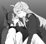 2girls chabo_(starchabo) commentary_request expressive_hair eye_contact face-to-face from_side greyscale gundam gundam_suisei_no_majo hairband imminent_kiss long_hair long_sleeves looking_at_another low_ponytail miorine_rembran monochrome multiple_girls open_mouth parted_lips profile suletta_mercury upper_body yuri 