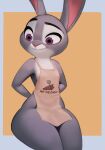  2022 anthro apron apron_only clothing disney female fur grey_body grey_fur hi_res judy_hopps lagomorph leporid long_ears mammal mostly_nude multicolored_body multicolored_fur purple_eyes qupostuv35 rabbit simple_background smile solo thick_thighs two_tone_body two_tone_fur white_body white_fur zootopia 