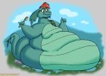  2021 absurd_res anthro back_scrubber belly belly_scales big_belly blush breasts cloud disney featureless_breasts female flower green_body green_scales hair hi_res loch_ness_monster nessie_(disney) obese obese_anthro obese_female overweight overweight_anthro overweight_female plant red_hair scales sky solo the_ballad_of_nessie towel viroveteruscy water 