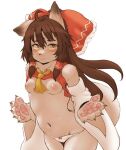  1girl ahoge animal_ears animal_hands blush breasts brown_hair closed_mouth clothes_lift dog_ears dog_girl dog_tail hair_ribbon hair_tubes hakurei_reimu hawthorn japanese_clothes long_hair looking_at_viewer miko navel neckerchief nipples no_bra panties pawpads ribbon shirt_lift simple_background small_breasts solo tail touhou underwear white_background white_panties yellow_eyes yellow_neckerchief 