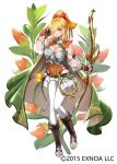  1girl armor blonde_hair boots bow bow_(weapon) breasts brown_footwear brown_gloves cape cleavage detached_sleeves fingerless_gloves flower flower_knight_girl full_body gloves gradient_bow gradient_hair green_cape hair_bow hair_bun hair_over_one_eye harp highres holding holding_bow_(weapon) holding_weapon hypocyrta_(flower_knight_girl) instrument knee_boots large_breasts leotard looking_at_viewer medium_hair multicolored_hair name_connection object_namesake official_art open_mouth orange_hair orange_leotard pants red_bow red_eyes saruchitan see-through see-through_sleeves shiny shiny_hair shiny_skin simple_background skin_tight smile solo standing weapon white_background white_pants 