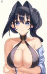  1girl absurdres alternate_hairstyle arm_under_breasts bangs bare_shoulders black_hair blue_eyes breasts cleavage collarbone detached_sleeves earrings frown hair_intakes halterneck highres hololive hololive_english jewelry large_breasts looking_at_viewer o22no ouro_kronii sign simple_background single_bare_shoulder single_sleeve skindentation solo upper_body virtual_youtuber white_background 