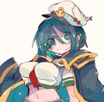  1girl aqua_eyes black_coat black_hair blush breasts closed_mouth coat coat_on_shoulders green_sailor_collar hat large_breasts massakasama murasa_minamitsu navel neckerchief peaked_cap red_neckerchief sailor_collar sailor_shirt shirt short_hair short_sleeves simple_background solo touhou upper_body white_background white_headwear white_shirt 