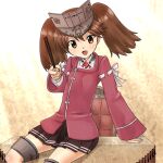  1girl black_skirt brown_eyes brown_hair chair cowboy_shot desk fang food japanese_clothes kantai_collection kariginu kujira_naoto long_hair looking_at_viewer magatama pocky red_shirt ryuujou_(kancolle) shirt sitting skirt solo twintails visor_cap 