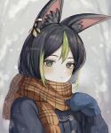  1boy animal_ears bangs bishounen black_hair blurry blurry_background blurry_foreground blush closed_mouth coat commentary_request fox_boy fox_ears genshin_impact green_eyes green_hair hair_ornament highres long_sleeves male_focus mittens multicolored_hair scarf snowing solo tighnari_(genshin_impact) winter_clothes winter_coat woooi 