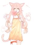  1girl :d animal_ears bracelet cat cat_ears closed_eyes dress facing_viewer flower holding holding_microphone humanization jewelry long_hair low-tied_long_hair microphone mitchiri_neko pink_hair sbr_(songje096) simple_background smile tail thigh_strap white_background yellow_dress 