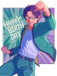  1boy aqua_pants belt black-framed_eyewear clenched_hand dated exp_(limited) glasses grin hand_up happy_birthday highres kuboyasu_aren looking_at_viewer male_focus purple_hair saiki_kusuo_no_psi_nan school_uniform shirt short_hair smile standing white_shirt 