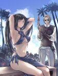  1boy 1girl albus_(castlevania) armpits black_hair blonde_hair blue_eyes breasts castlevania castlevania:_order_of_ecclesia closed_mouth cloud grel_(r6hgvu5) gun long_hair looking_at_viewer navel shanoa sunglasses swimsuit tree very_long_hair weapon 