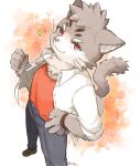  1boy animal_ears belt bracelet cat_boy cat_ears cat_tail clenched_hand closed_mouth collared_shirt foot_out_of_frame full_body furry furry_male grey_fur hand_on_hip highres jewelry looking_at_viewer male_focus neck_fur orange_shirt red_eyes shirt shirt_under_shirt short_hair sitri_(housamo) smile solo sparkle summon_lw tail thick_eyebrows tokyo_afterschool_summoners watercolor_background white_background white_fur white_shirt 