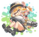  1girl ;) arm_up bandaid bandaid_on_knee bandaid_on_leg black_footwear black_shorts boots bow collared_shirt colored_tongue full_body grey_eyes grey_shirt hat hat_bow heart highres ink_tank_(splatoon) inkling inkling_girl light_particles long_hair nautilus_(splatoon) one_eye_closed orange_bow orange_hair orange_tongue polka_dot polka_dot_bow shina_shina shirt short_sleeves shorts smile solo splatoon_(series) tentacle_hair tongue tongue_out twitter_username v-shaped_eyebrows 