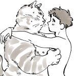  2022 5_fingers anthro biped blush bodily_fluids domestic_cat duo embrace eyes_closed felid feline felis fingers hi_res hug human human_on_anthro humanoid_hands interspecies kemono mammal nipples nore0825 overweight simple_background sweat 