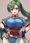  1girl bangs belt black_gloves breasts earrings fingerless_gloves fire_emblem fire_emblem:_the_blazing_blade gloves green_eyes green_hair high_ponytail highres hirotaka_(hrtk990203) jewelry large_breasts light_blush long_hair looking_at_viewer lyn_(fire_emblem) open_mouth parted_bangs pelvic_curtain ponytail rectangle sheath smile solo sword teeth thighs undershirt upper_body upper_teeth very_long_hair weapon 