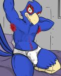  4:5 absurd_res anthro armpit_hair avian bird body_hair bulge clothed clothing falco_lombardi genital_outline genitals happy_trail hi_res illegaleel male nintendo penis penis_outline pubes solo star_fox stretching underwear underwear_only video_games 