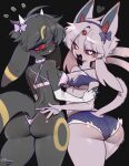  absurd_res anthro big_butt black_body black_fur breasts butt clothing duo eeveelution espeon female fur generation_2_pokemon hi_res looking_at_viewer looking_back looking_back_at_viewer nintendo pokemon pokemon_(species) purple_body thong umbreon underwear video_games yuio 