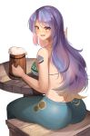  1girl absurdres alcohol arm_tattoo ass beer_mug bikini bikini_top_only blush breasts chair commentary cosplay cup english_commentary foam gradient_hair green_bikini green_pants highres hololive hololive_indonesia large_breasts long_hair looking_at_viewer moona_hoshinova mug multicolored_hair nami_(one_piece) nami_(one_piece)_(cosplay) one_piece open_mouth pants purple_hair remirii simple_background swimsuit table tattoo virtual_youtuber wooden_chair wooden_cup wooden_table yellow_eyes 