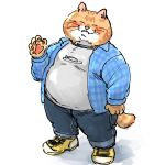  1:1 2022 5_fingers anthro blush bottomwear clothing domestic_cat eyes_closed felid feline felis fingers hi_res kemono mammal nore0825 overweight pants paws pink_nose shirt simple_background solo topwear 