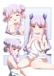  1girl absurdres blush breasts closed_eyes double_bun elf hair_bun hand_on_own_chest highres kyouka_(princess_connect!) long_hair mushi_hara naked_towel open_mouth pointy_ears princess_connect! purple_eyes purple_hair ribbon sitting small_breasts smile solo thighs towel twintails white_towel 