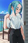  1girl absurdres black_pants blush cloud doorway earrings forehead green_eyes green_hair highres jewelry monogatari_(series) nemo_ringo ocean ononoki_yotsugi pants pointy_ears shirt sky solo thick_eyebrows twintails water white_shirt 