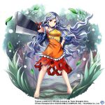  1girl barefoot breasts cleaver copyright detached_sleeves dress grass hashitsuki_nata large_breasts leaf long_hair looking_at_viewer multicolored_clothes multicolored_dress nata_(tool) official_art orange_dress red_dress red_eyes rotte_(1109) sakata_nemuno single-shoulder_dress single_bare_shoulder single_strap solo touhou touhou_lost_word transparent_background wavy_hair white_hair yellow_dress 