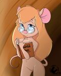  2019 anthro blonde_hair book breasts casual_nudity chest_tuft chip_&#039;n_dale_rescue_rangers cleavage clothed clothing covering covering_breasts disney eyewear featureless_crotch female gadget_hackwrench glasses hair hi_res killedbycreatures long_hair looking_at_viewer mammal mouse murid murine nude pink_nose rodent solo tuft 
