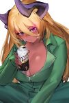  bangs basicyoshi beer_can blonde_hair breasts can cleavage colored_skin curled_horns dark_magician_beth demon_girl drink drooling flaming_eye glowing glowing_eye green_jumpsuit guardian_tales hair_between_eyes highres horns jumpsuit large_breasts looking_at_viewer purple_eyes purple_horns purple_skin saliva squatting white_background zipper 