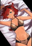  1girl absurdres ahoge armpits bangs black_hairband blue_eyes blush breasts breasts_apart choker collarbone gundam gundam_suisei_no_majo hairband highres lingerie long_hair looking_at_viewer low_ponytail lying on_back parted_lips red_hair saco_(cgmore) suletta_mercury swept_bangs thick_eyebrows underwear 
