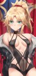 1girl bangs bare_shoulders black_jacket black_one-piece_swimsuit blonde_hair braid breasts center_opening collarbone fate/apocrypha fate_(series) french_braid green_eyes highres jacket long_hair long_sleeves looking_at_viewer mordred_(fate) mordred_(fate/apocrypha) navel off_shoulder one-piece_swimsuit open_clothes open_jacket parted_bangs ponytail sidelocks small_breasts solo swimsuit tonee 