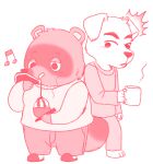  2022 animal_crossing anthro biped bottomwear canid canine canis clothing domestic_dog duo food k.k._slider kemono mammal mug mujina_uranoya musical_note nintendo pants raccoon_dog shirt slightly_chubby surprise sweater tanuki tom_nook_(animal_crossing) topwear video_games 