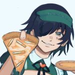  1girl black_hair chainsaw_man cigarette cleavage_cutout clothing_cutout collared_shirt eyepatch food green_eyes green_headwear hat heart highres himeno_(chainsaw_man) holding holding_food holding_pizza liowig looking_at_viewer maid parody pizza pizza_hut ribbon shirt short_hair simple_background smile white_background 