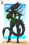  2022 4_arms 5_toes absurd_res alien alien_(franchise) big_breasts bikini black_body breasts clothing feet female fingers green_bikini green_clothing green_swimwear halotroll hi_res multi_arm multi_limb navel sling_bikini smile solo standing swimwear toes xenomorph xenomorph_queen 