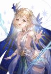  1girl bangs bare_shoulders breasts circlet cleavage cowboy_shot djeeta_(granblue_fantasy) dress granblue_fantasy highres iatromantis_(granblue_fantasy) looking_at_viewer medium_breasts open_mouth revealing_clothes shiromimin short_hair smile solo veil white_dress yellow_eyes 