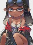  1girl bare_shoulders black_hair breasts dark-skinned_female dark_skin glasses grey_eyes highres inkling inkling_girl long_hair medium_breasts pointy_ears round_eyewear shina_shina simple_background solo splatoon_(series) tank_top tentacle_hair tinted_eyewear twitter_username white_background white_tank_top zipper zipper_pull_tab 