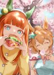  2girls ^_^ absurdres bangs breasts brown_hair burger burger_malfunction cherry_blossoms closed_eyes closed_mouth collared_shirt ear_covers food green_eyes green_shirt hair_ornament hairband highres holding holding_food ichigo_daifuku jacket long_hair moffumoto multiple_girls orange_hair outdoors plate ponytail shirt silence_suzuka_(umamusume) small_breasts smile star_(symbol) star_hair_ornament taiki_shuttle_(umamusume) tree umamusume upper_body wagashi watch wristwatch yellow_jacket 