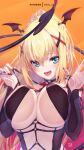  1girl :d against_glass artist_name bangs black_choker black_nails blonde_hair blue_eyes breast_press breasts breasts_on_glass choker darkness_(konosuba) demon_tail demon_wings fang hair_between_eyes hair_ornament hands_up head_wings jewelry kono_subarashii_sekai_ni_shukufuku_wo! large_breasts long_hair long_sleeves looking_at_viewer mitsu_(mitsu_art) ring simple_background smile solo tail tail_raised upper_body wings x_hair_ornament 