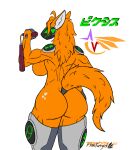  absurd_res aliasing anthro back_muscles biceps big_breasts big_butt breasts butt butt_markings cybernetics cyberpunk female flaktaryd fur hi_res japanese_text katakana machine markings melee_weapon muscular muscular_female nunchaku orange_body orange_fur protogen pyxis_6800xt rear_view screen screen_face side_boob solo text thick_thighs visor weapon wide_hips 