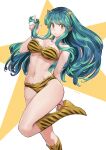 1girl absurdres animal_print bikini boots breasts commentary_request green_hair highres horns jun_(seojh1029) long_hair looking_at_viewer lum medium_breasts navel oni oni_horns pointy_ears smile solo strapless swimsuit tiger_print urusei_yatsura 
