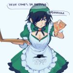  1girl black_hair breasts chainsaw_man cigarette cleavage cleavage_cutout clothing_cutout collared_shirt dress eyepatch food green_dress green_eyes green_headwear hat heart highres himeno_(chainsaw_man) holding holding_food holding_pizza liowig looking_at_viewer maid open_mouth parody pizza pizza_box pizza_hut ribbon shirt short_hair simple_background white_background 
