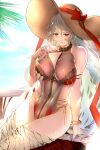  1girl absurdres animal_ears areola_slip bare_arms bracelet braid breasts condom condom_packet_strip condom_wrapper covered_nipples curvy granblue_fantasy grey_hair hair_between_eyes hat highres jewelry large_breasts long_hair looking_at_viewer magisa_(granblue_fantasy) magisa_(summer)_granblue_fantasy official_alternate_costume one-piece_swimsuit partially_unzipped rabbit_ears reki_(dezuko) seductive_smile sideless_outfit smile solo straw_hat sun_hat swimsuit twin_braids v-shaped_eyebrows very_long_hair 