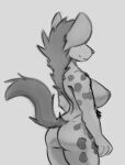  2022 anthro areola back_mane biped breasts butt female greyscale hair hi_res hyaenid looking_away mammal markings monochrome nipples nude rear_view schmutzo simple_background solo 