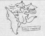  2021 anthro big_breasts bodily_fluids braixen breasts chubby_female claws english_text eyes_closed featureless_breasts featureless_crotch female generation_6_pokemon hi_res lilya_nida_(artist) monochrome motion_lines navel nintendo paws pokemon pokemon_(species) solo stretching sweat tammy_(lilya_nida) text thick_thighs traditional_media_(artwork) video_games 