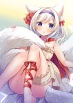  1girl animal_ears bare_shoulders blue_eyes blush breasts cape commission dress fox_girl fox_tail hair_ornament hair_ribbon highres holding_tail kisukekun legwear_garter looking_at_viewer open_mouth original red_cape ribbon skeb_commission tail white_dress white_hair 