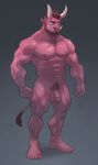  2021 abs absurd_res balls biceps blue_eyes flaccid foreskin genitals hair hi_res horn humanoid humanoid_genitalia humanoid_pointy_ears looking_at_viewer male mouth_closed muscular muscular_male navel nipples not_furry nude pecs penis pink_body pngx_(artist) pubes short_hair simple_background solo standing teeth tusks 